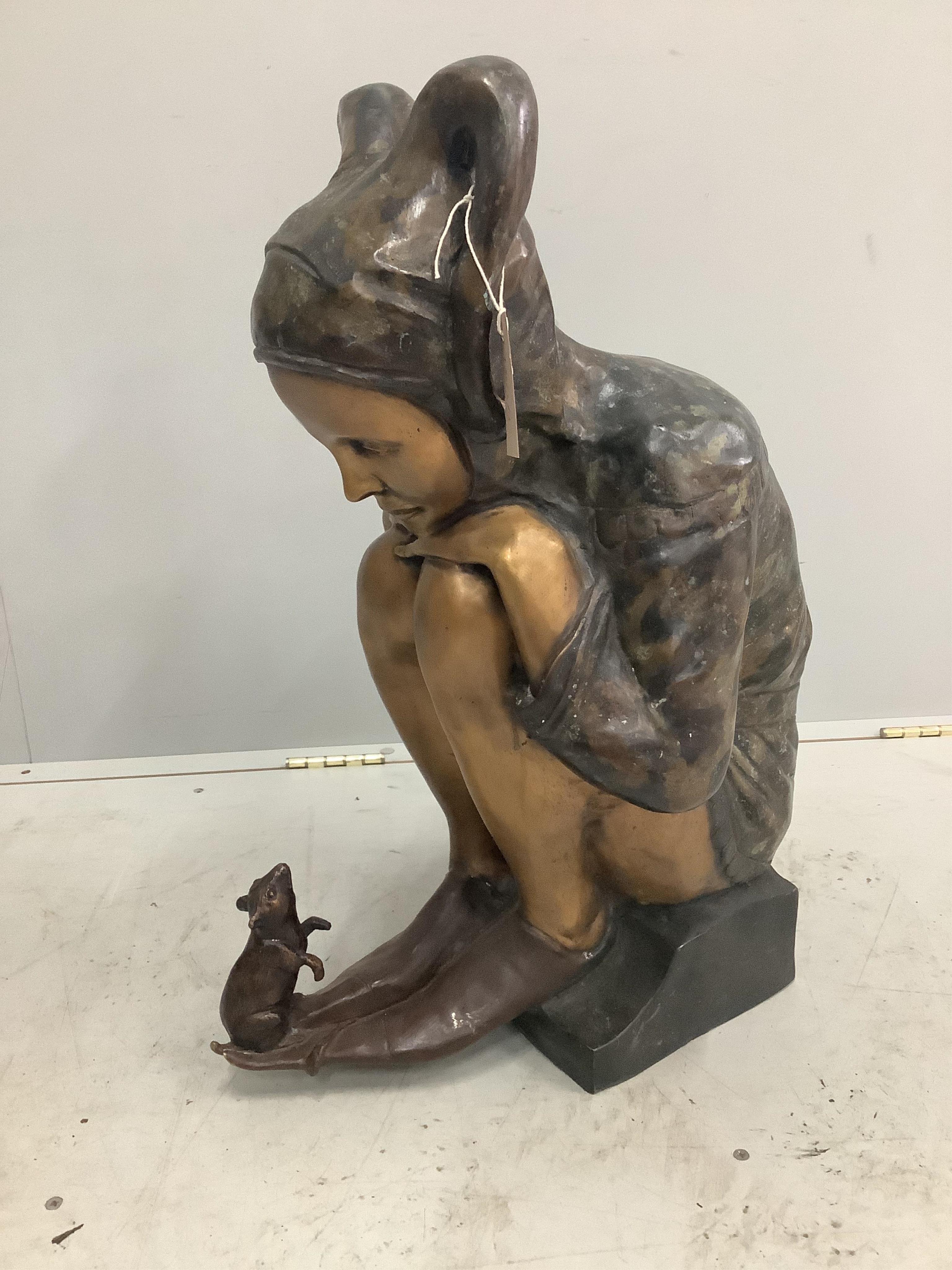 After Johann Wolfgang Elisher. A modern bronze figure of a seated jester and mouse, height 64cm. Condition - fair to good